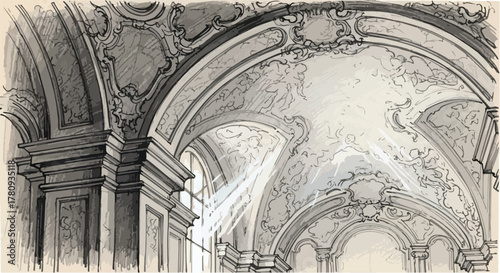 Baroque ceiling interior architecture sketch with ornamental fresco details.