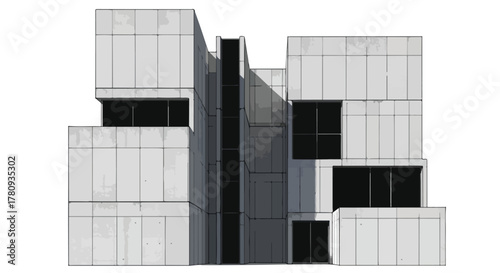 Modern minimalist cubic architecture building facade sketch in perspective view.