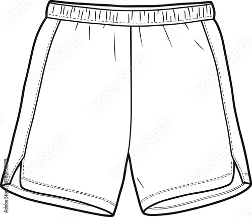 Athletic shorts technical sketch, sportswear fashion illustration, running shorts design, elastic waistband, black and white line drawing, apparel template