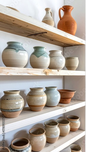 Wallpaper Mural Assortment of ceramic pottery vessels displayed on rustic wooden shelves Torontodigital.ca