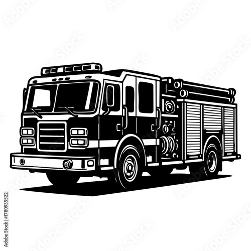 fire engine with hose reels and side compartments, clean mechanical details