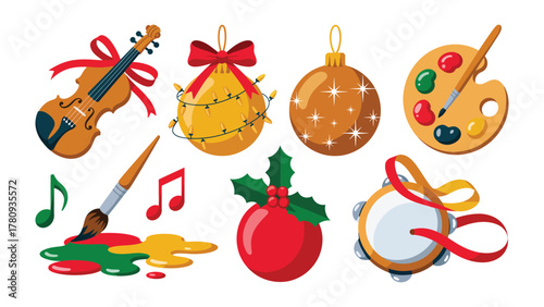 Holiday Artistry: A collection of festive ornaments and artistic elements come together to create a charming holiday scene, perfect for spreading cheer.