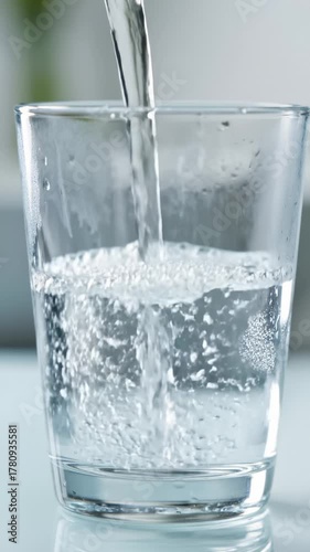 Pouring Fresh Water Into a Glass on a White Table, Close Up
