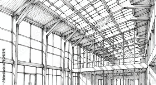 Industrial warehouse with glass roof perspective drawing, structural architecture sketch.