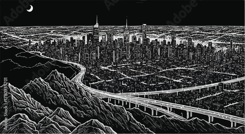 Night city aerial skyline in dark tones, high contrast urban pencil sketch.