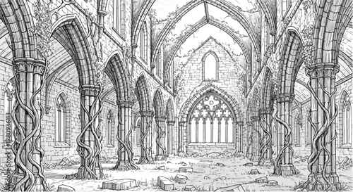 Ancient cathedral ruins interior arches, fantasy architecture pencil drawing.