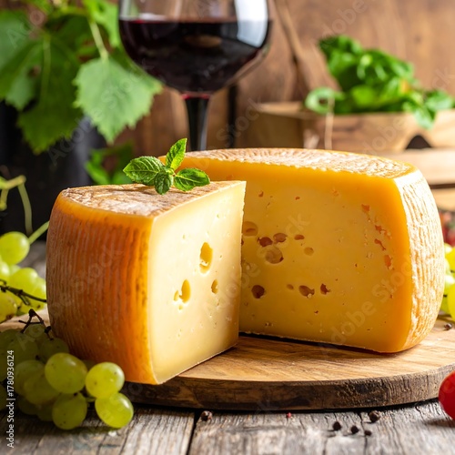 Wallpaper Mural Assortment of cheese with wine, grapes, and herbs on rustic wood Torontodigital.ca