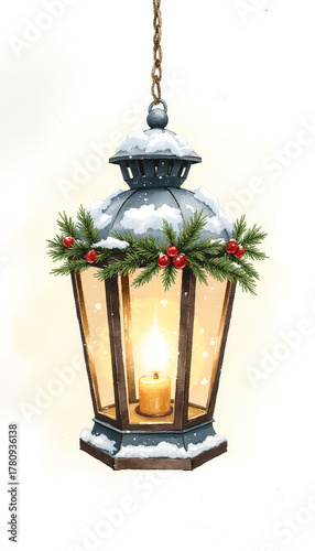 Vintage street lamp with snow and Christmas lights