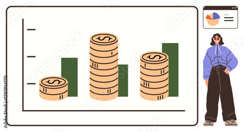 Stacked coins and bar chart symbolize financial growth and earnings growth. Woman in casual attire observes data. Ideal for business, finance, investment, growth, statistics, analysis, success
