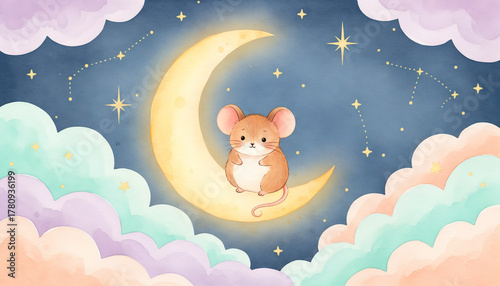 Little Mouse on Crescent Moon — Whimsical Watercolor Illustration