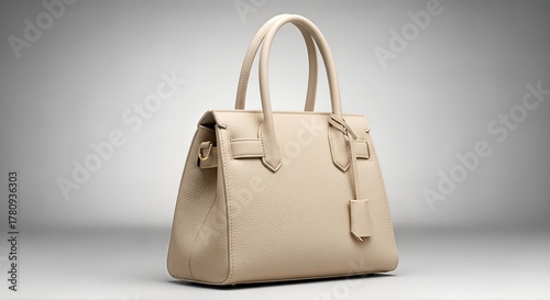 Elegant Beige Leather Handbag on a Gradient Background.