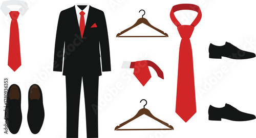 Black suit, red tie, pocket square, dress shoes, formal wear, men's fashion, business attire, elegant outfit, wardrobe essentials, style