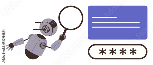 Robot holding a magnifying glass investigates data and password fields. Ideal for cybersecurity, data protection, technology, identity verification, artificial intelligence, analysis, simple flat