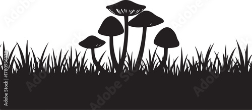 Black silhouette of mushrooms and grass on white background