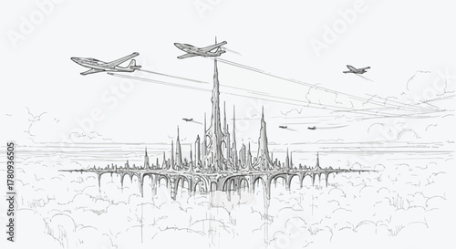 Fantasy city rising into the clouds with flying towers, cinematic architectural sketch.