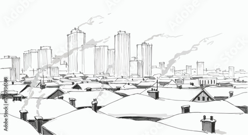 Hand-drawn modern skyline with geometric rooftops, minimalist architectural composition.