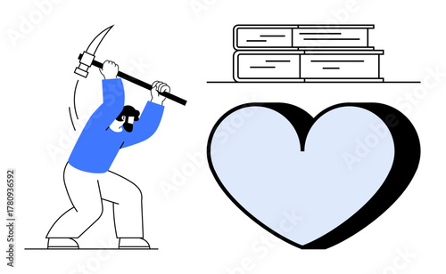 Person using pickaxe, stack of books symbolizing knowledge, and heart representing love and dedication. Ideal for themes of effort, passion, education, creativity, perseverance, determination value