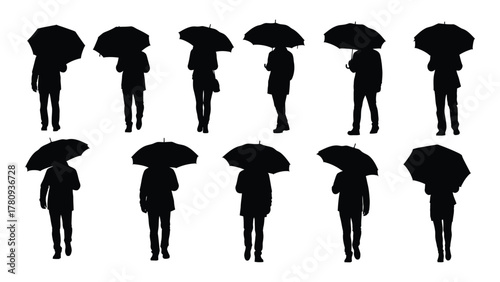 People with umbrellas silhouettes isolated on transparent background, Vector