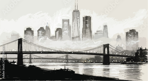 Bridge crossing modern skyline in misty atmosphere, cinematic monochrome design.