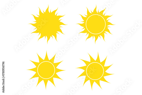 Flat yellow sun icon with wavy rays isolated on white background in simple summer weather symbol design