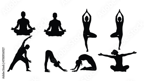 Yoga poses silhouettes collection isolated on transparent background, Vector
