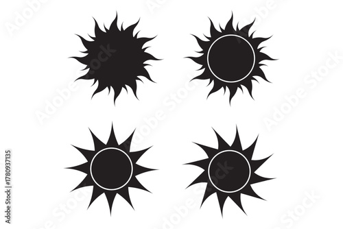 Flat yellow sun icon with wavy rays isolated on white background in simple summer weather symbol design