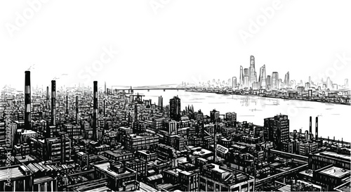 Circular tower complex with elevated pathways and panoramic skyline view.