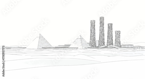 Architectural composition of modern bridges and tall towers in cinematic perspective.