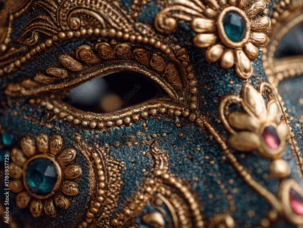 Obraz premium close-up of an ornate mask with intricate detailing in gold and deep blue featuring gemstones and floral motifs under soft lighting concept of luxury fashion and masquerade