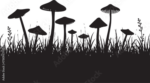 Black silhouette of mushrooms and grass on white fungi