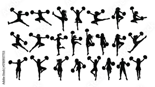 Dynamic cheerleader silhouette collection isolated on transparent background, Vector