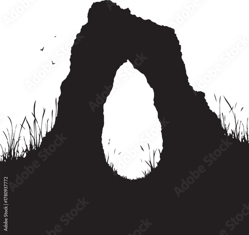 Black silhouette of rock arch with birds and grass