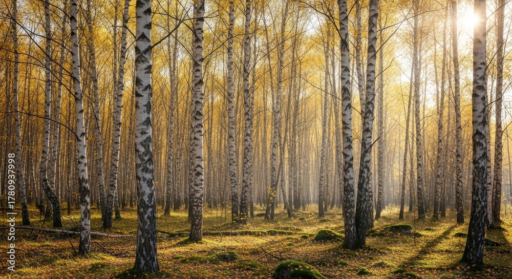 Fototapeta premium Radiant Autumn Birch Forest Bathed in Golden Sunlight