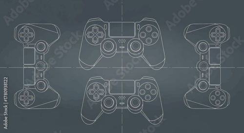 Blueprint style illustration of four video game controllers, showing top and side views on a dark grey background.