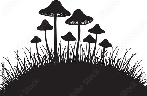 Black silhouette of mushrooms growing in grass fungi