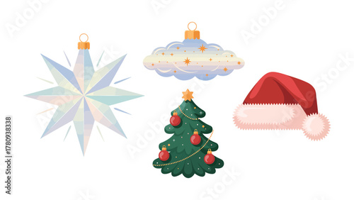 Holiday Ornament Collection: A vibrant compilation of holiday decorations, featuring a festive christmas tree with ornaments, a star, a cloud ornament and Santa hat.
