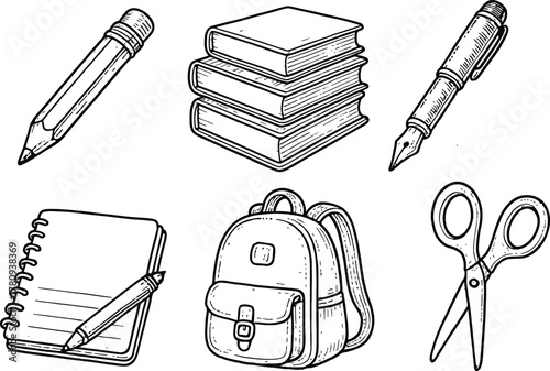 Vintage hand drawn illustration of school supplies including pencil books backpack notebook scissors and fountain pen