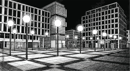 City plaza at night with geometric buildings and glowing light, detailed architectural composition.