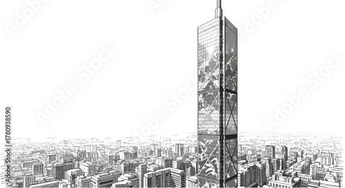 Tall skyscraper emerging above skyline, clean modern architectural illustration with depth.