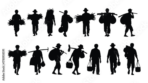 Agricultural laborers and farmers silhouettes isolated on transparent background, Vector