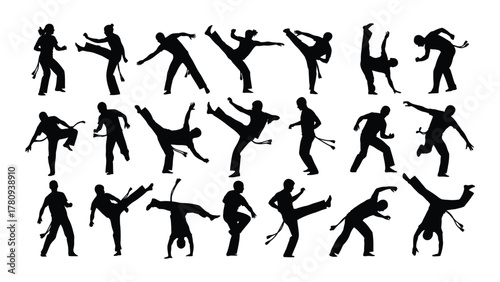Dynamic capoeira silhouettes collection isolated on transparent background, Vector