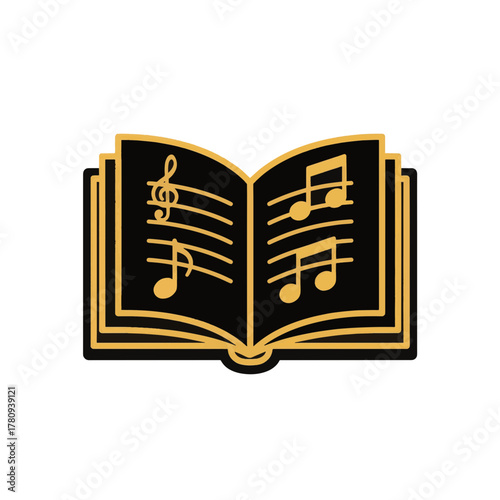 Open music book vector icon. Sheet music and songbook symbol. Flat design graphic illustration with golden outline