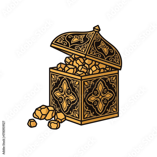 Ornate treasure chest with gold and frankincense. Decorative vector icon with intricate arabesque patterns. Isolated graphic for wealth and fantasy themes.
