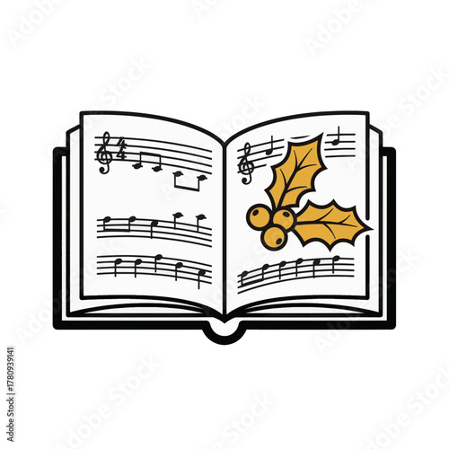 Christmas carol songbook vector icon. Flat illustration of sheet music with holly decoration. Holiday music symbol isolated on a transparent background