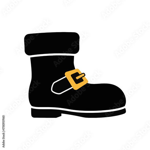 A black holiday boot with a golden buckle. Leprechaun or Santa Claus shoe icon. Simple flat design vector illustration