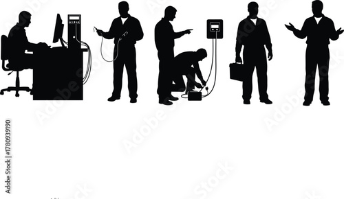 Silhouette vector illustration of workers installing skylight on roof, measuring, cutting, securing frame, using tools, construction, renovation, safety, labor, and industry