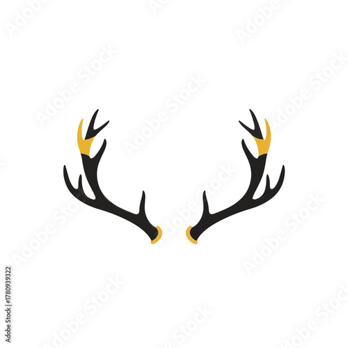 Symmetrical deer antlers icon. Minimalist flat design silhouette. Black and gold wildlife graphic element for Christmas or hunting themes.