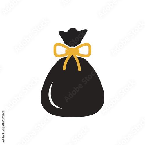 Black gift bag icon with a gold bow. Simple flat design vector illustration of a money sack or holiday present symbol.