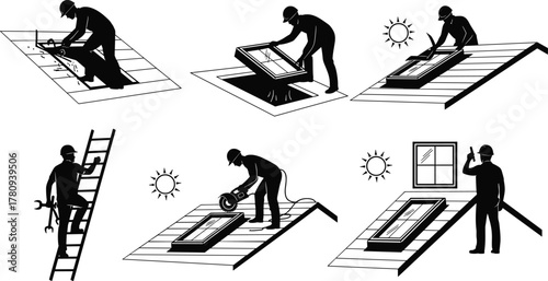 Silhouette vector illustration of IT technicians repairing computer hardware, connecting cables, using tools, troubleshooting, maintenance, safety, teamwork, technology, labor, and industry
