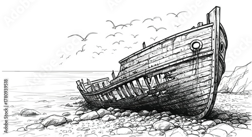 Interior corridor perspective with vanishing depth, architectural minimal line illustration.